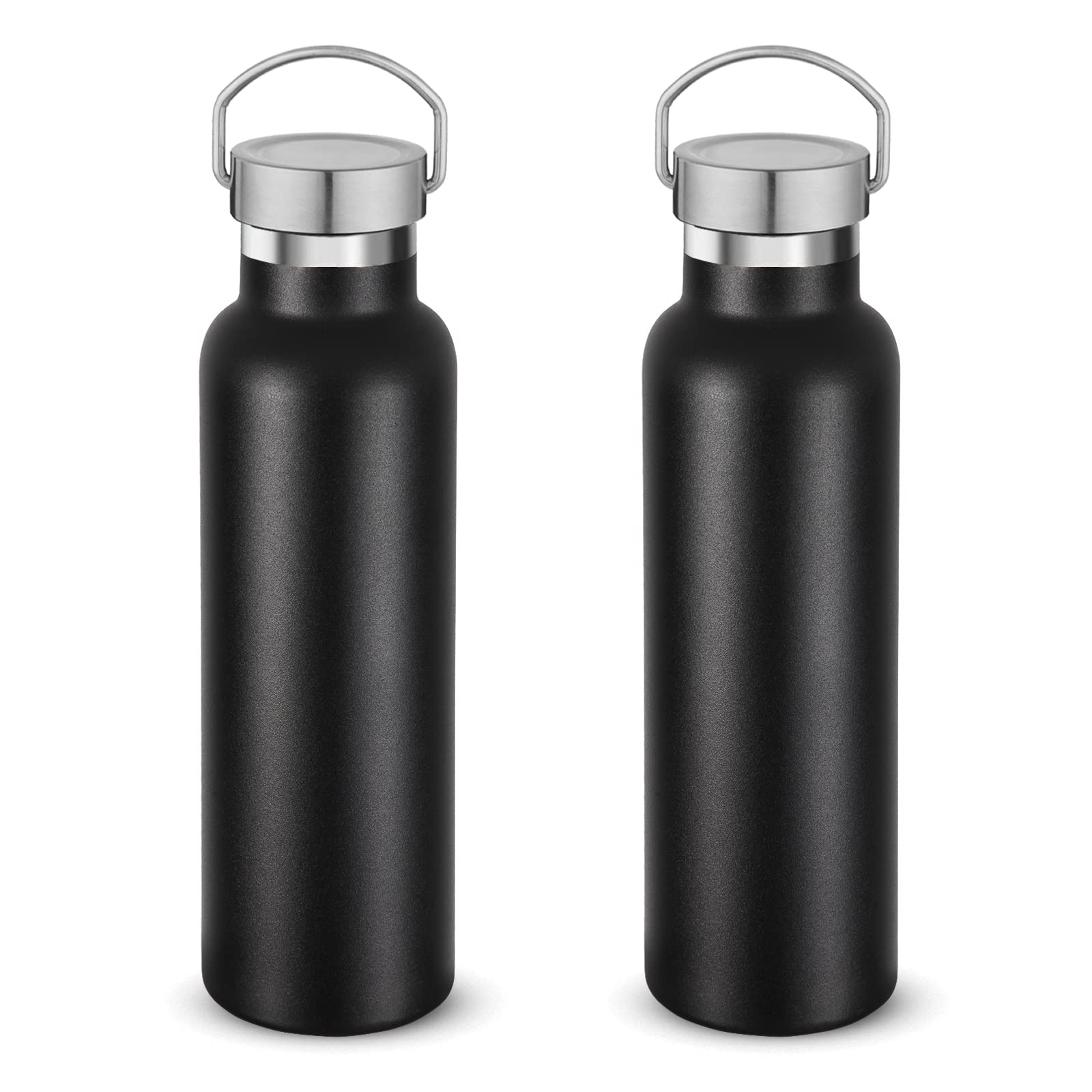 Neihepal Izolowane butelki na wodę, 590 ml, 2 sztuki, butelka sportowa ze stali nierdzewnej z pokrywką uchwytu, metalowy termos wielokrotnego użytku, z nakrętką do szkoły, wędrowcy, prezent (czarny, zestaw 2 szt.)