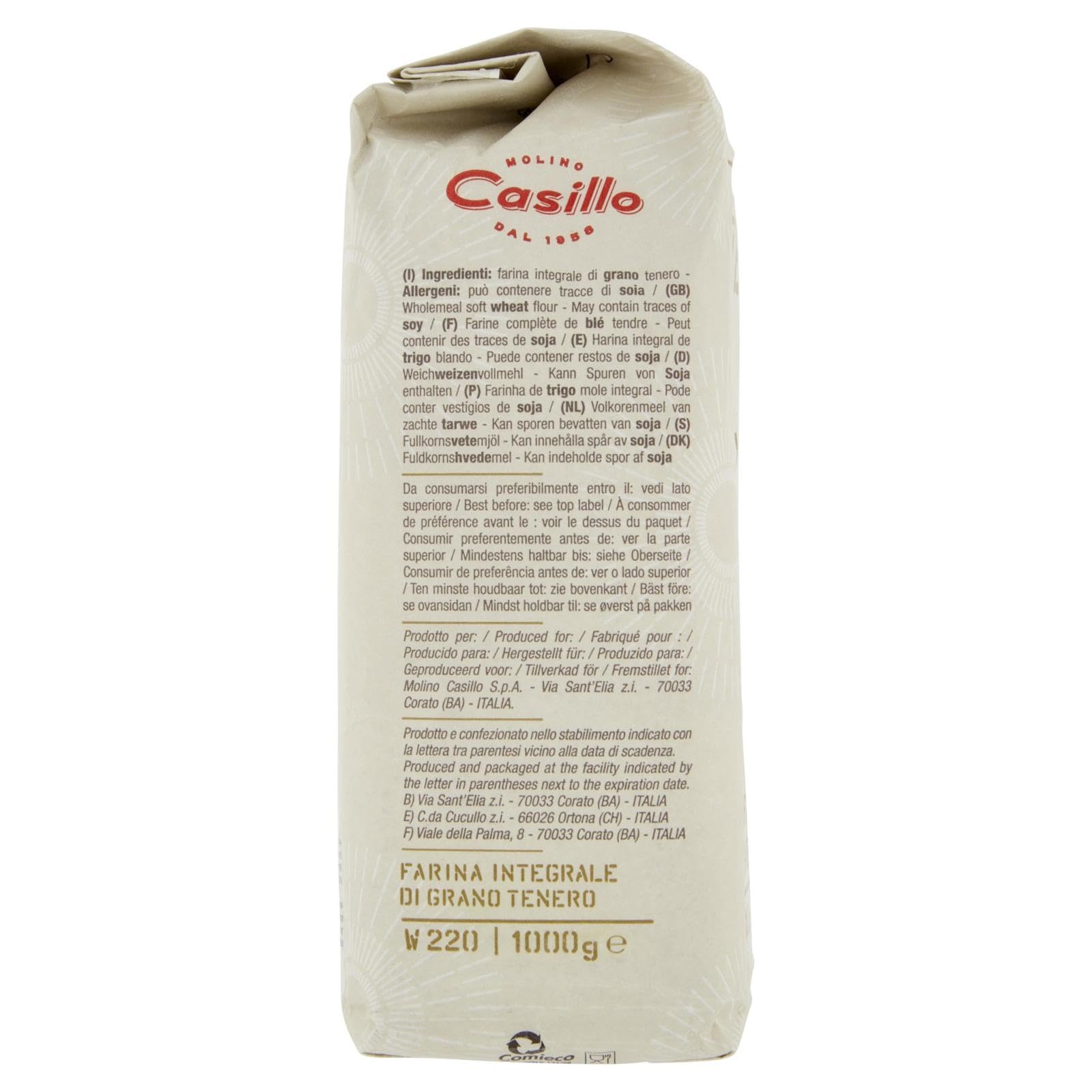 Molino Casillo, farina integrale Vollkornmehl Mehl zartes Vollkorn wholemeal flour 20x 1 kg + Italian Gourmet polpa 400g