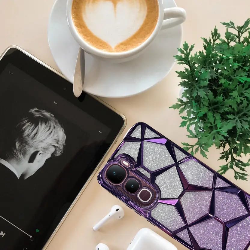 Image of VONZEE Gradient Glitter Case for VIVO Y400, Luxury Electroplated 3D Cube, Diamond Bling Shiny Soft TPU Clear Shockproof Women Girls Protective Phone Cover (Deep Purple)