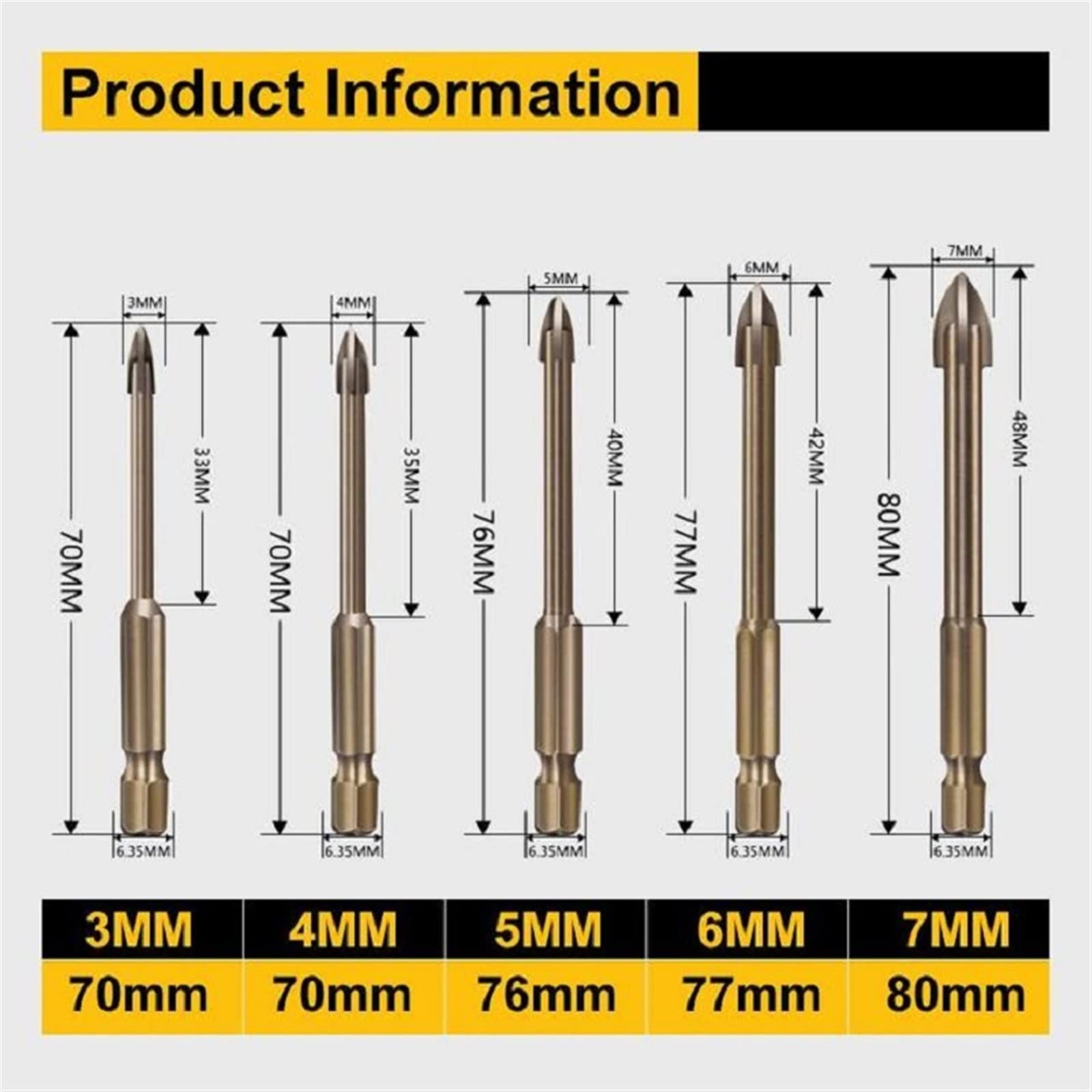 5 pz/set 3/4/5/6/7/1 0 MILLIMETRI Croce Triangolo Punta Del Trapano Efficiente Strumento di Foratura Universale In Metallo Duro Strumenti di Utilità Misura for La Lavorazione Del Legno (Color : 5 PCS