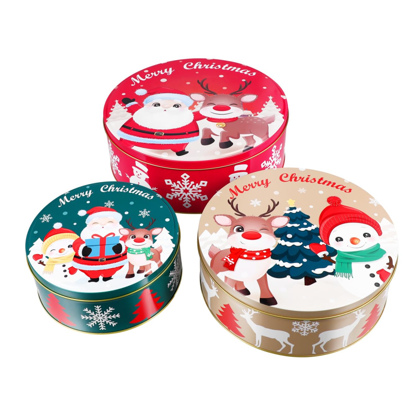 YARNOW Lot de 3 Boîtes à Biscuits de Noël Rondes en Métal avec Couvercles, pour Conserver Bonbons, Biscuits, Friandises Et Cadeaux