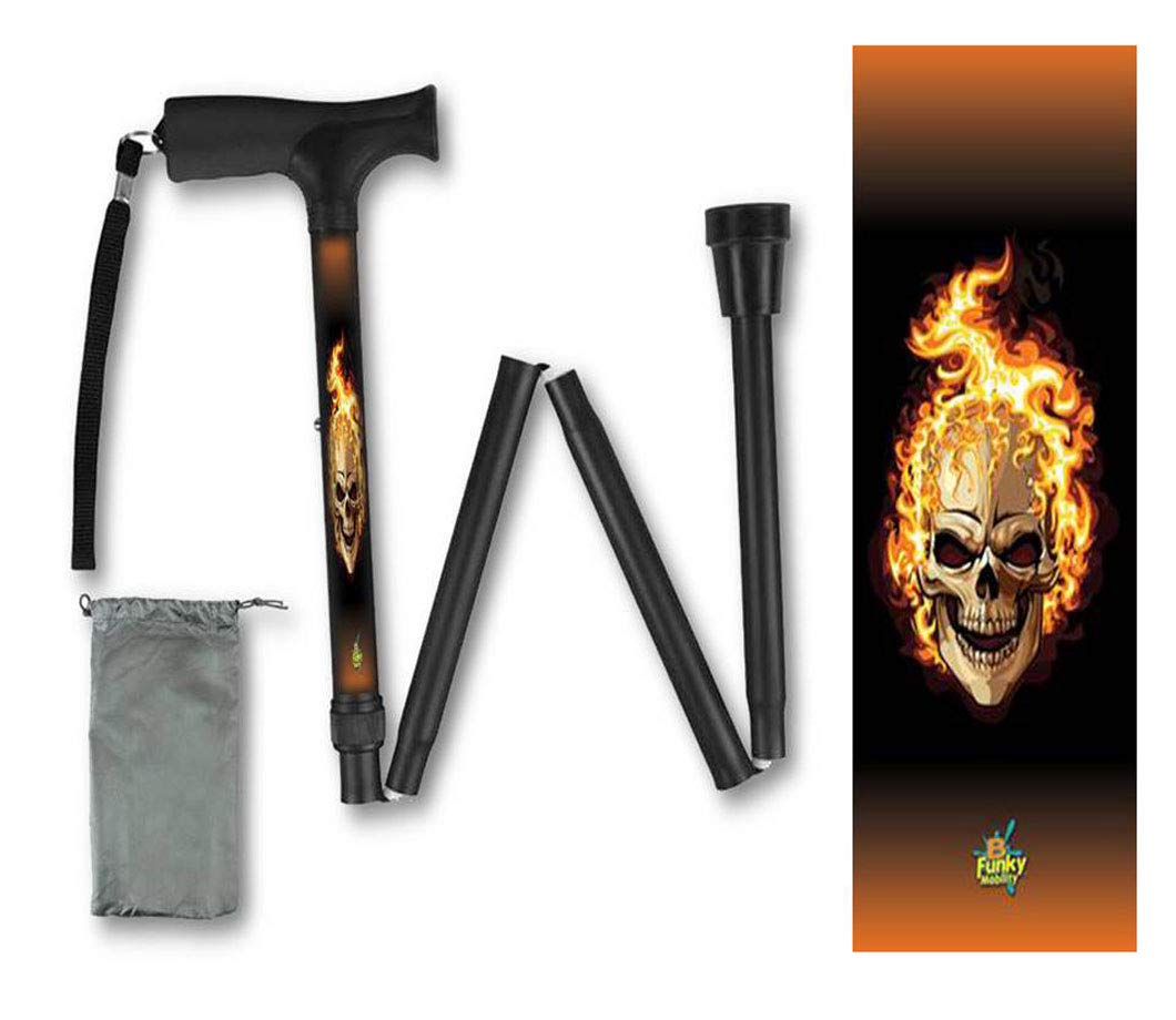 Foldable Walking Cane Collapsible Lightweight Soft Grip Metallic Skulls with Flames Pattern Travel BFunkyMoblity