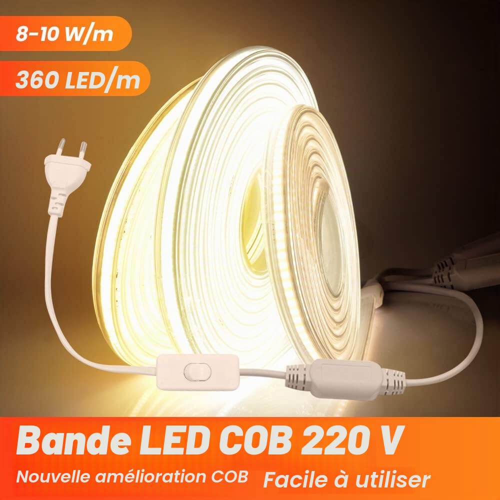 Ruban LED, COB Bande LED 220V avec Interrupteur IP65 Etanche Bande Lumineuse Super Lumineux 360 LEDS/M Ruban Flexible Strip (Blanc, 10M)
