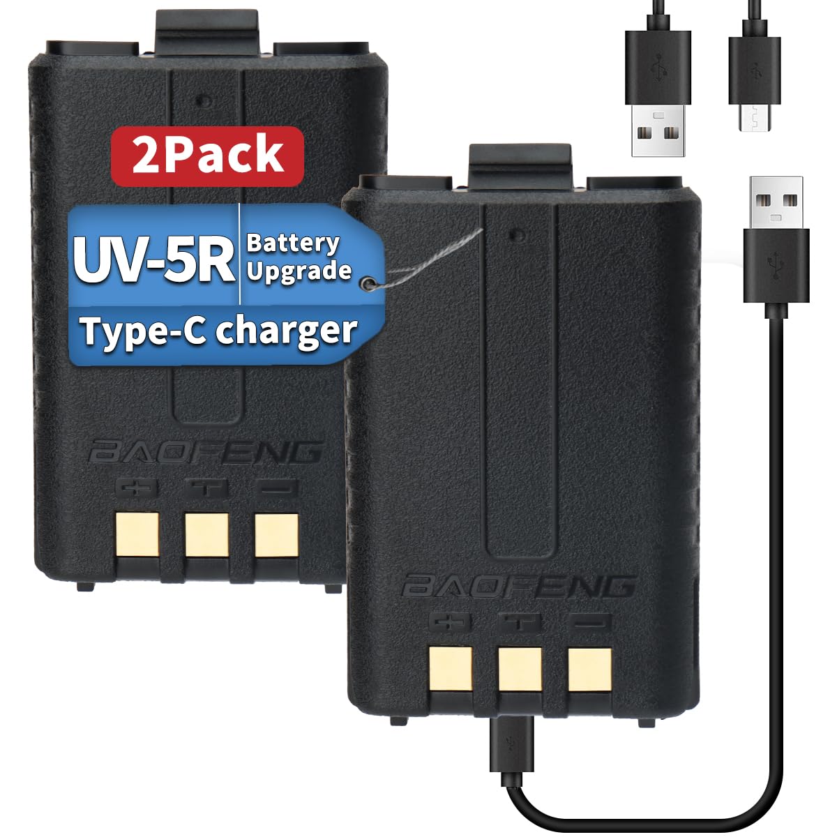 BAOFENG UV-5R Battery BL-5 1800mAh Rechargeable Battery Support USB C Direct Charge for Walkie Talkie UV 5R BF-F8HP UV-5X3 GT-5R UV-5RX M-5R Two Way Radio (2 Pack)