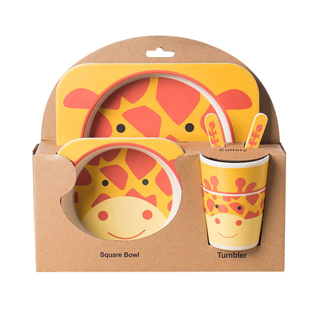 5 Pcs Bamboo Fiber Cartoon Giraffe Children's Cutlery Set Environmental Friendly Kids Dinnerware Set Baby Feeding Plate Bowl Tumbler Kit