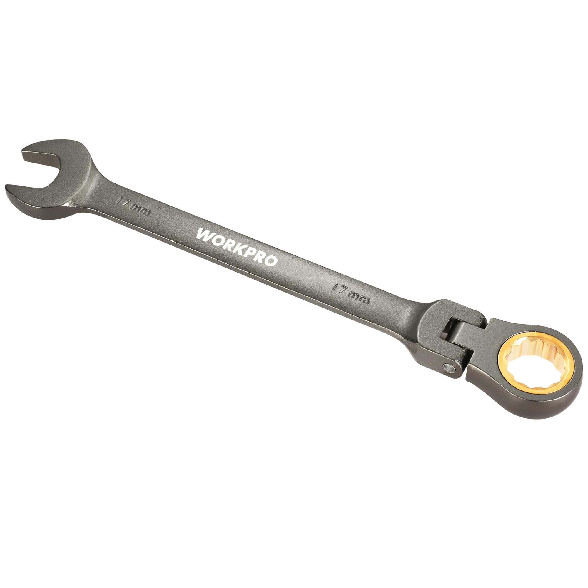 WORKPRO 17 mm Flex-Head Ratcheting Combination Wrench, Cr-V Constructed, Nickel Plating, 72-Teeth, 12 Point Design, Metric
