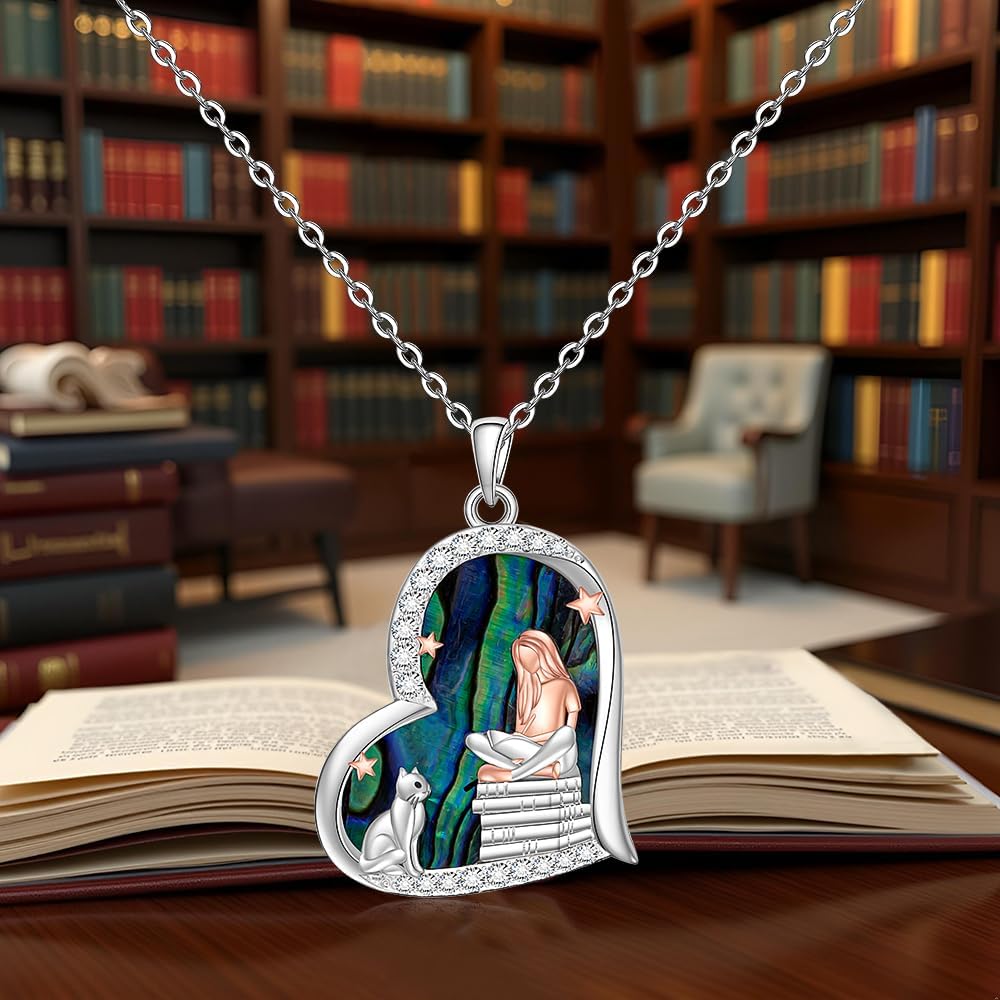 Reading Book Necklace for Women Sterling Silver Black Cat Necklace Reading Gifts Heart Pendant Readers Lovers Graduation Jewelry Bookworm - Image 4
