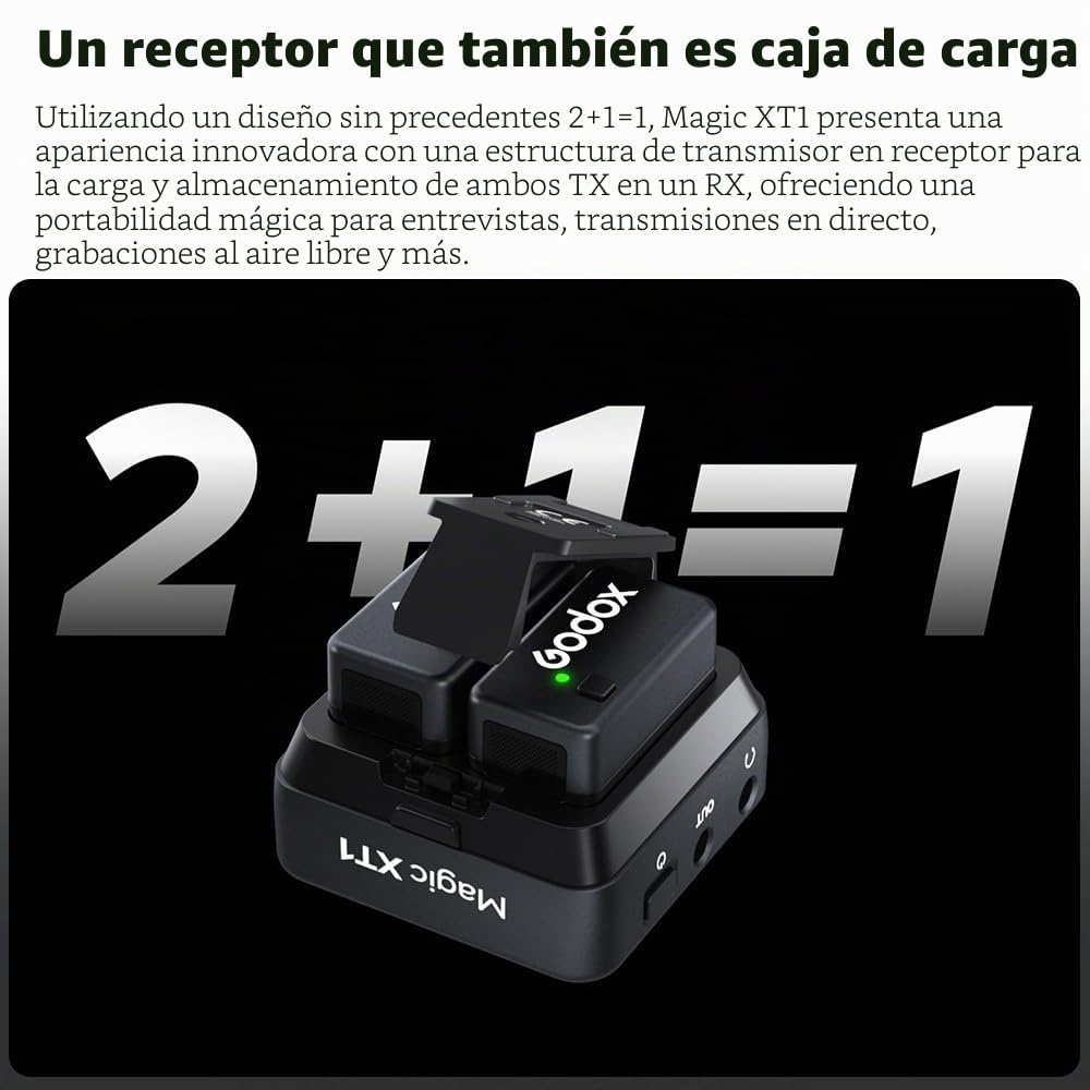 GODOX Magic XT1 Micrófono corbata inalámbrico para cámara (2 TX + 1 estuche de carga RX), mini micrófono con cancelación de ruido, batería de 16H, pantalla táctil 200 m