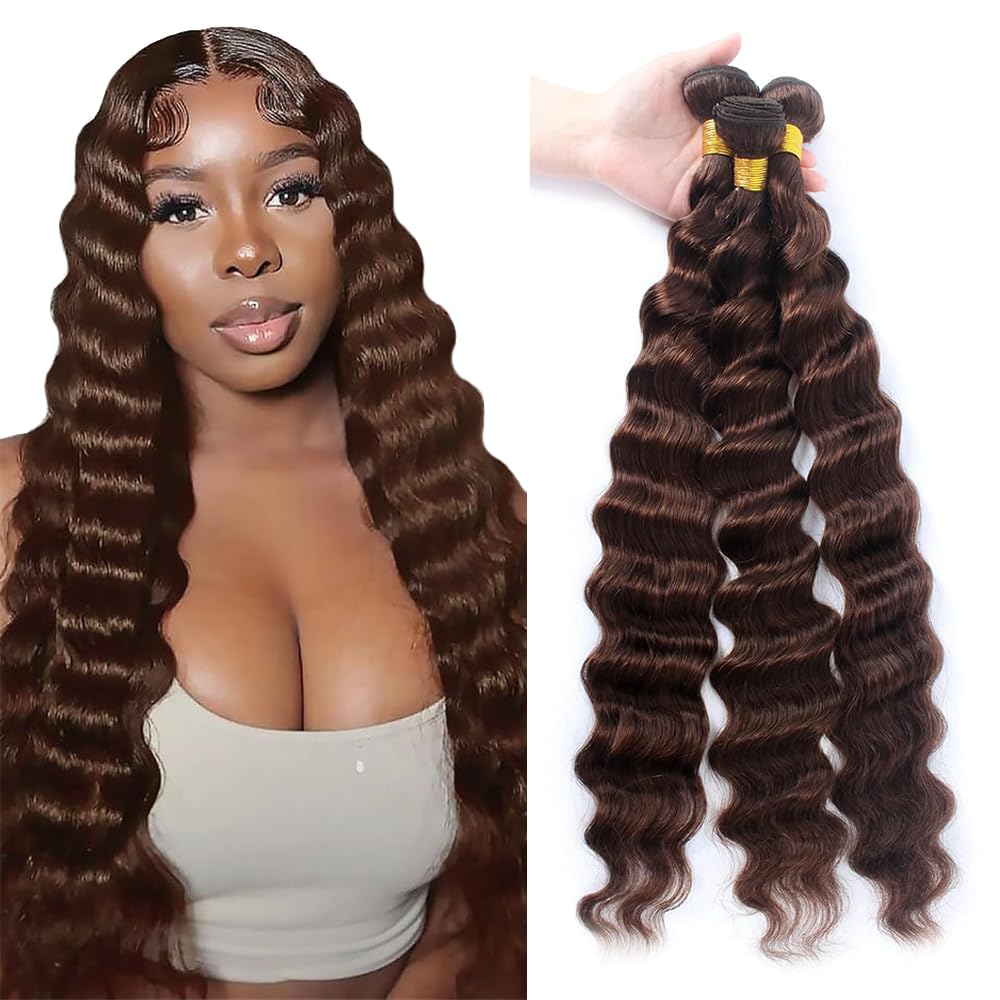 Creuost Human Hair Bundles #4 Chocolate Brown Color Loose Wave Soft and Silk Natural Brazilian Virgin Human Hair Extension For Woman 3 Bundles Total 300g 20 22 24 Inch