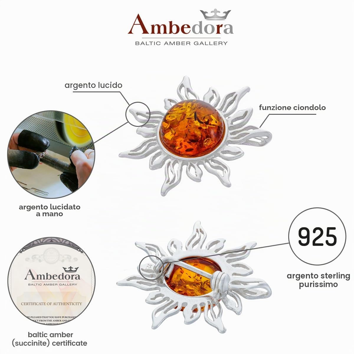 Spilla Sole da Donna in Argento con Ambra, Argento Sterling Lucidato, Ambra Baltica Naturale Color Cognac