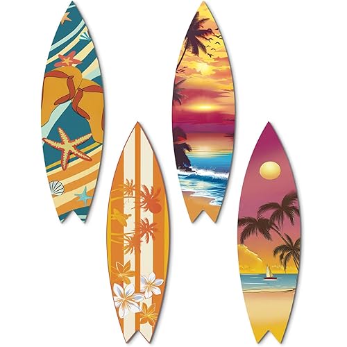 Putuo Decor 4 Pcs Surfboard Wall Decor with Triangle Hooks, Tropical Sunset Beach Themed Wooden Wall Art for Home, Bar, Pool, Patio 12.2" x 7.08"