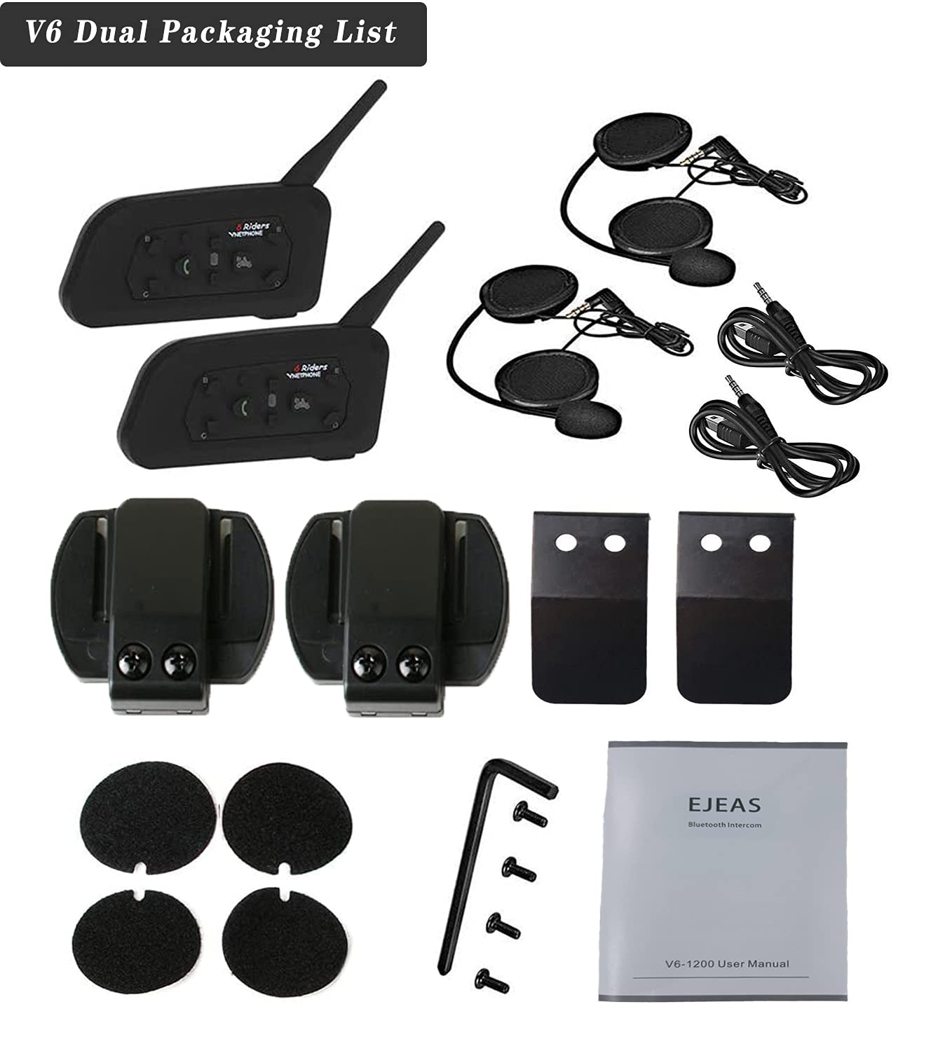 Motorcycle Bluetooth Headset V6Plus 2Way 1200M Bluetooth Headset 2 Pack