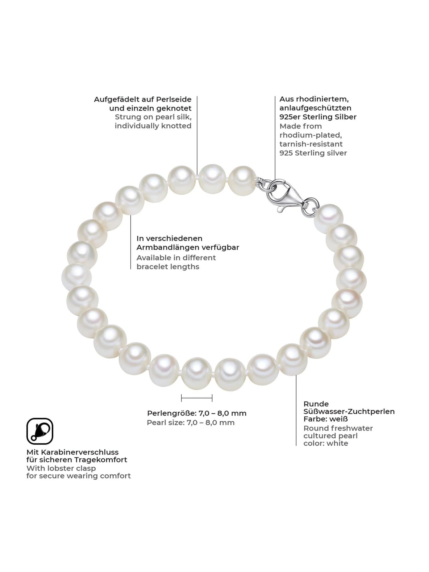 Valero Pearls Damen Perlenarmband mit Hochwertigen Süßwasser-Zuchtperlen | Perlengröße 7-8 mm,Runde Form,weiß,in verschiedenen Längen,925/- Sterling Silber,Damenarmband,echte Perlen,einzeln geknotet
