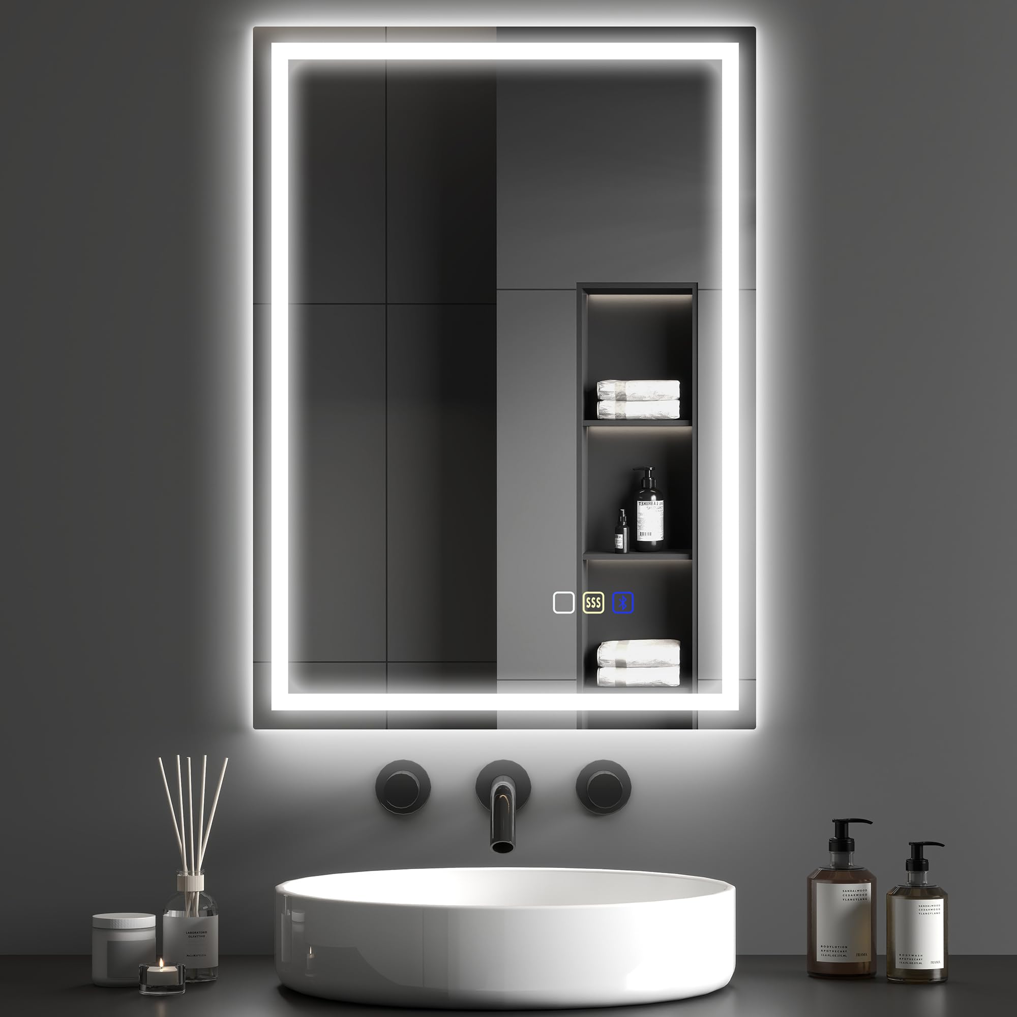 Homcom Silver 600 X 800 Mm Bluetooth Bathroom Mirror With Led Lights, Illuminated Backlit Wall Mounted Vanity Mirror With Colours Dimmable, Demister Pad, Memory Function, Touch Sensor, Ip44 Size 3