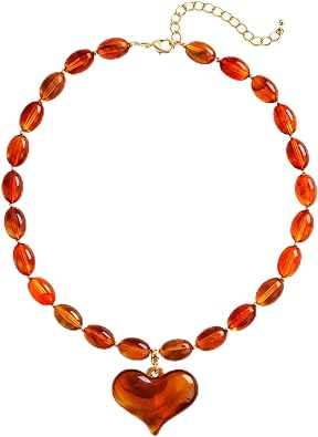 Amber Acrylic Chunky Heart Penadnt Necklace for Women Exaggerated Statement Puff Heart Choker Necklace