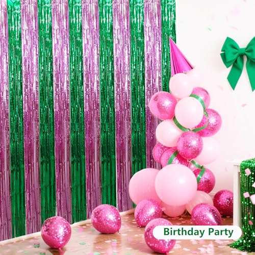 Image of BEISHIDA Pink Green Door Streamers Backdrop Foil Fringe Tinsel Party Streamers Curtains Photo Backdrop for Birthday Graduation Wicked Party Decoations