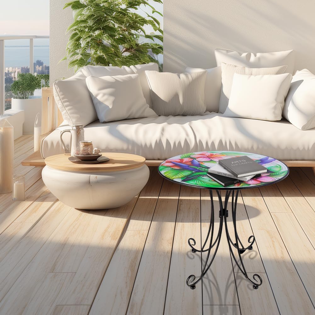 18 Inch Outdoor Side Table, Hummingbird Metal Accent Table, Indoor Small Round End Table, Plant Stand Tables for Outside Yard Balcony Garden Bedside