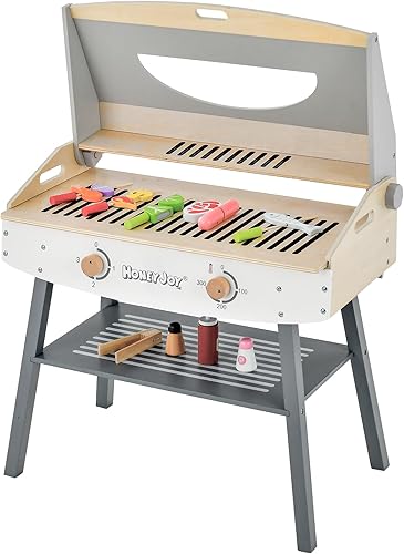 HONEY JOY Juego de parrilla de barbacoa para niños, juego de juguetes de barbacoa de madera con 17 accesorios de comida y cocina, 4 patas de madera