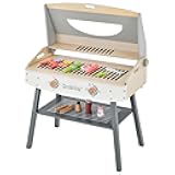 Kids Pretend Barbecue Grill Playset, Wooden BBQ Toy Set w/ 17 Play Food& Cooking Accessories, 4 Solid Wood Legs, Interactive Kids Kitchen Playset Gift for Toddler Boys & Girls Age 3+
