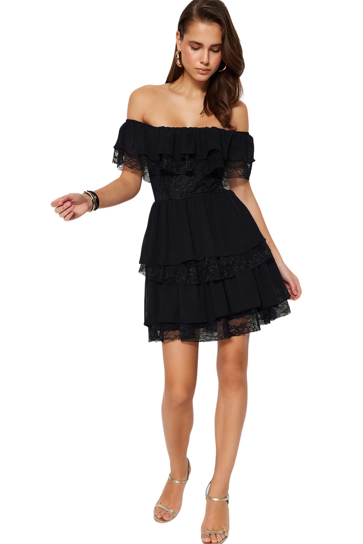 Trendyol Women's Skater Regular fit Woven Dress, Black, 8