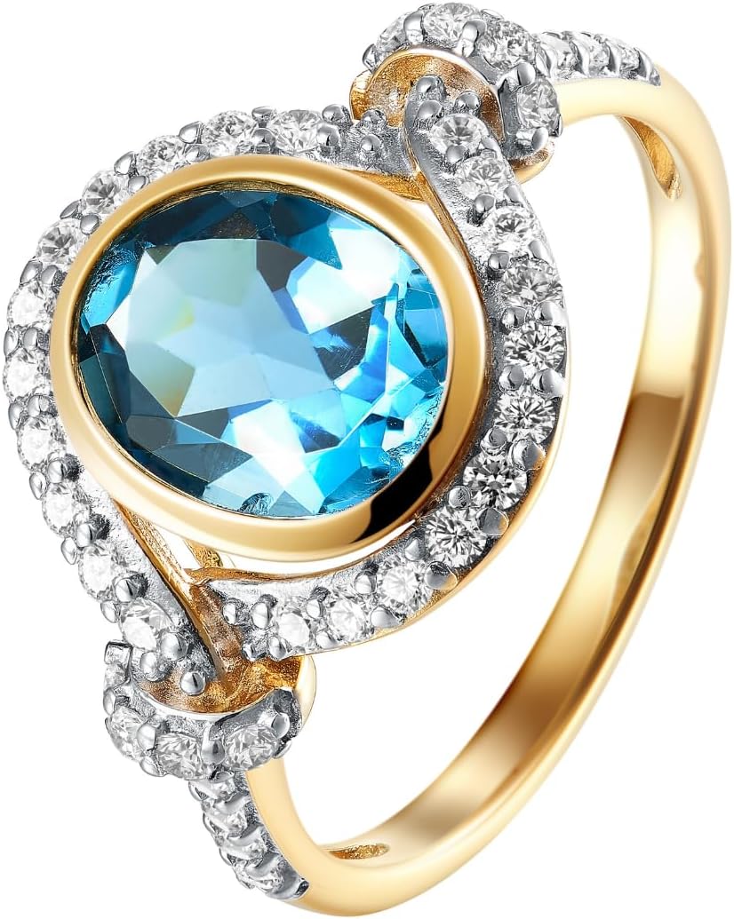 3Ct 925 Sterling Silver Oval London Blue Topaz with Halo White Zircon Two Tone Statement Rings for Women 5-10