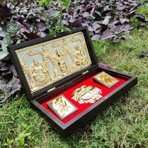 Image of ARNAVIRA Tirupati Balaji Lakshmi Padmavathi Gold Plated Photo Frame with Charan Paduka Pocket Temple for Diwali Gift, House Warming Gifts, Return Gift Puja Box (Brown Gold, Tirupati Balaji)