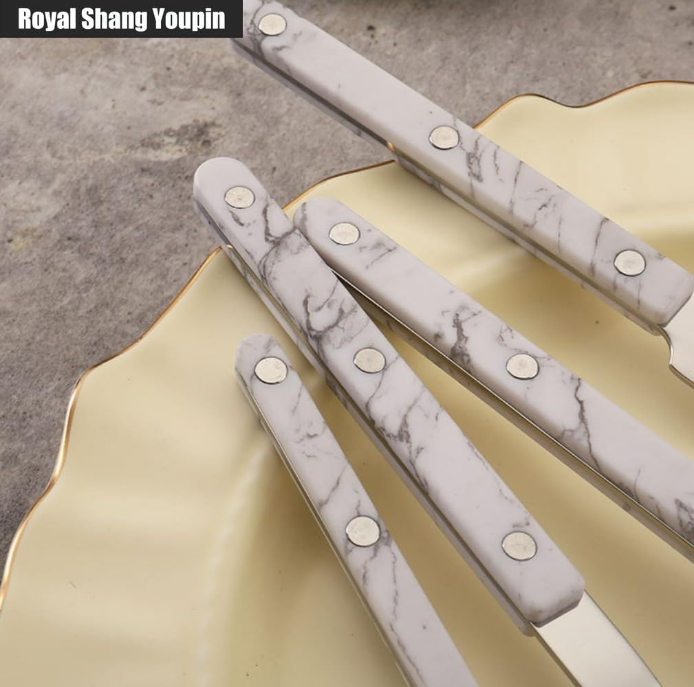 ABS Rivet Handle Marble Pattern Kitchen Stainless Steel Silverware Tableware Flatware Cutlery Knives Forks Spoons Set Butter Knife Dessert Spoon Fork (Green,24 pieces)