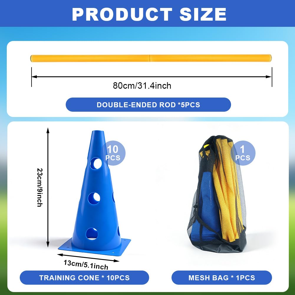 Juego de agilidad para perros pequeños Cavaletti, accesorios para caballo, accesorios de entrenamiento de fútbol, ayudas de educación, 23 cm de altura, 10 conos, 5 barras, bolsa de malla