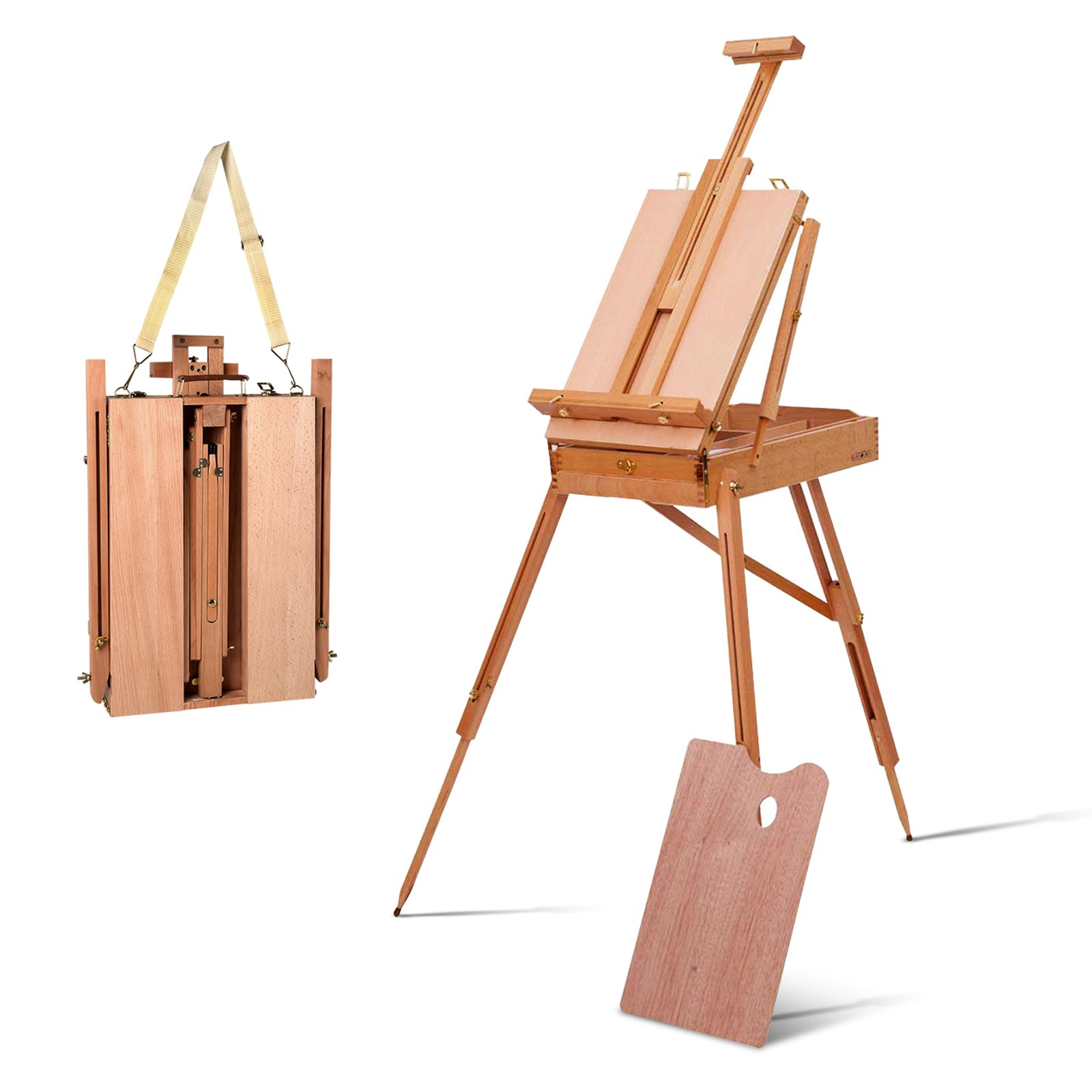 COSTWAY Cavalletto Regolabile Treppiede con Cassetto, Professionale Multiuso per Dipingere e Disegnare, in Legno di Faggio, Altezza Regolabile, 71x114x180cm