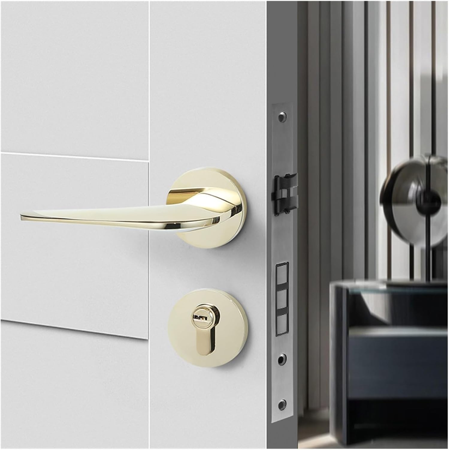 Bedroom Door Brass Door Lock Medieval Style electroplated Mute Household Lock Door Bathroom Copper Handle(FT01 08 Light Silver)