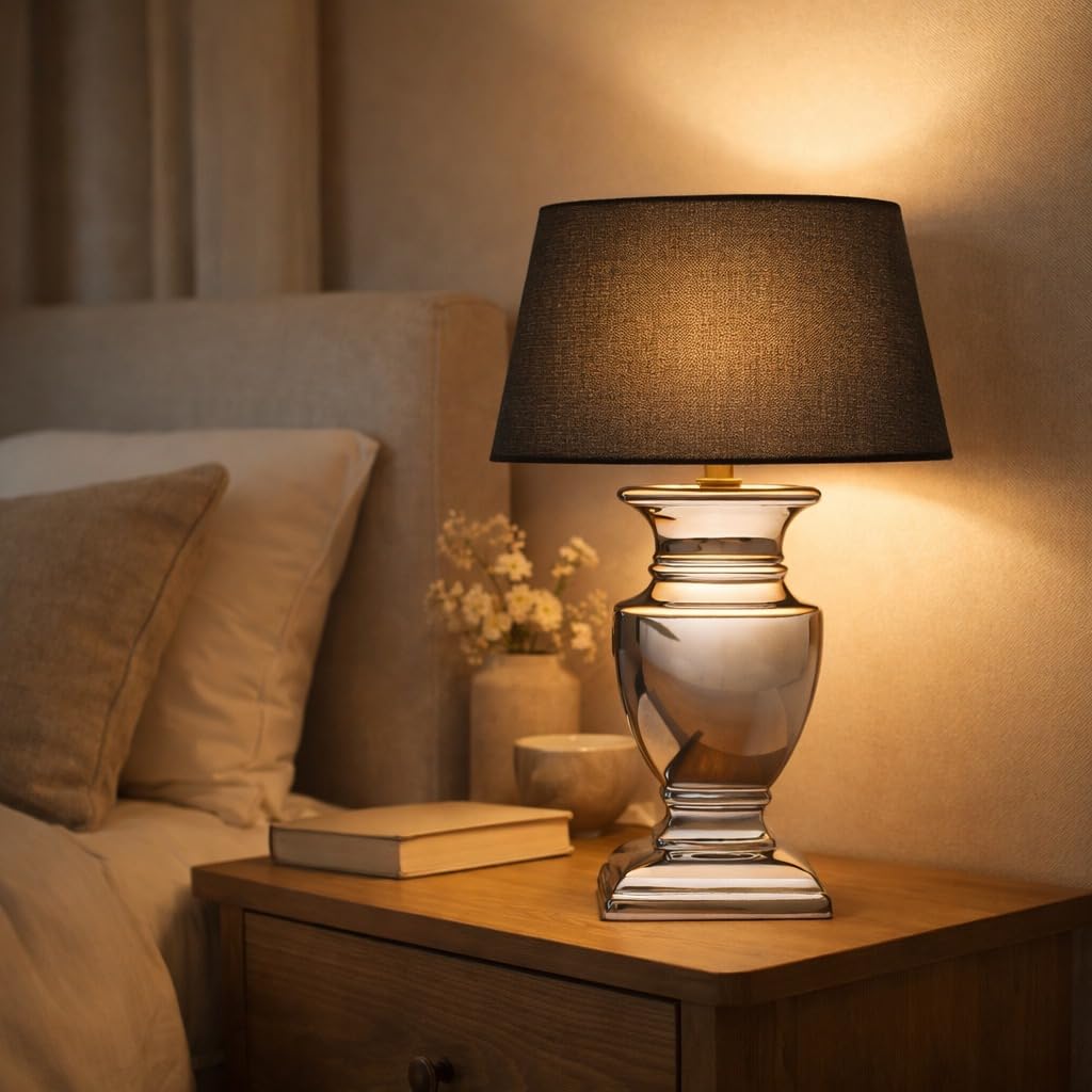 Tischlampe mit Schwarzem Stoffschirm & silbernem Keramikfuß – 53 cm Nachttischlampe mit Kabelschalter – Platzsparende Tischleuchte für Schlafzimmer, Wohnzimmer, Büro – Dekolampe E27, Leselampe