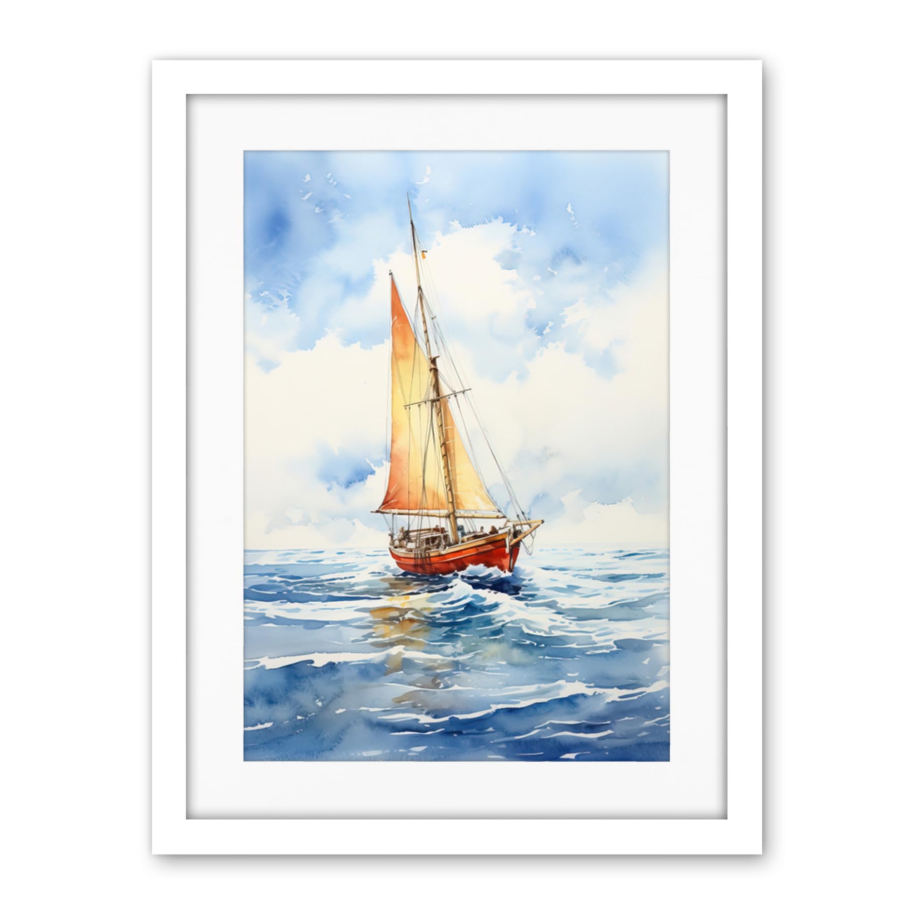 Artery8 Orange Sailing Boat Watercolour Painting Bathroom Artwork Sail at Sea Seascape Artwork Framed Wall Art Print 18X24 Inch
