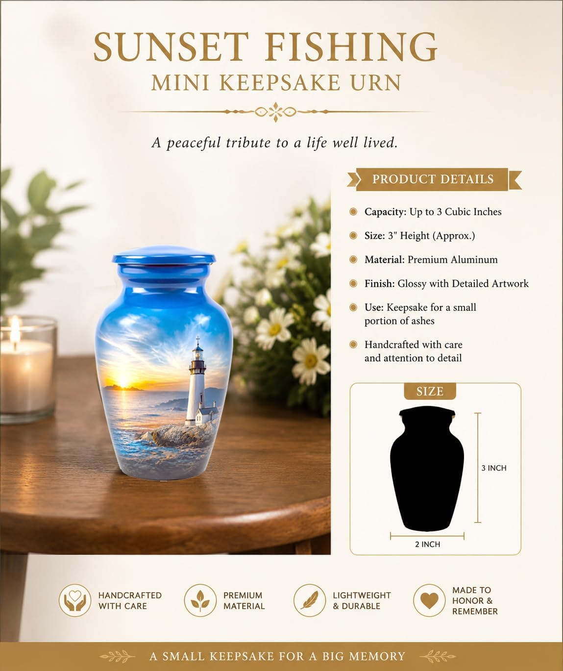Lighthouse Keepsake Cremation Urn | Small Memorial Urn for Human Ashes | Nautical Coastal Mini Funeral Urn | Lighthouse Sunset Ashes Keepsake