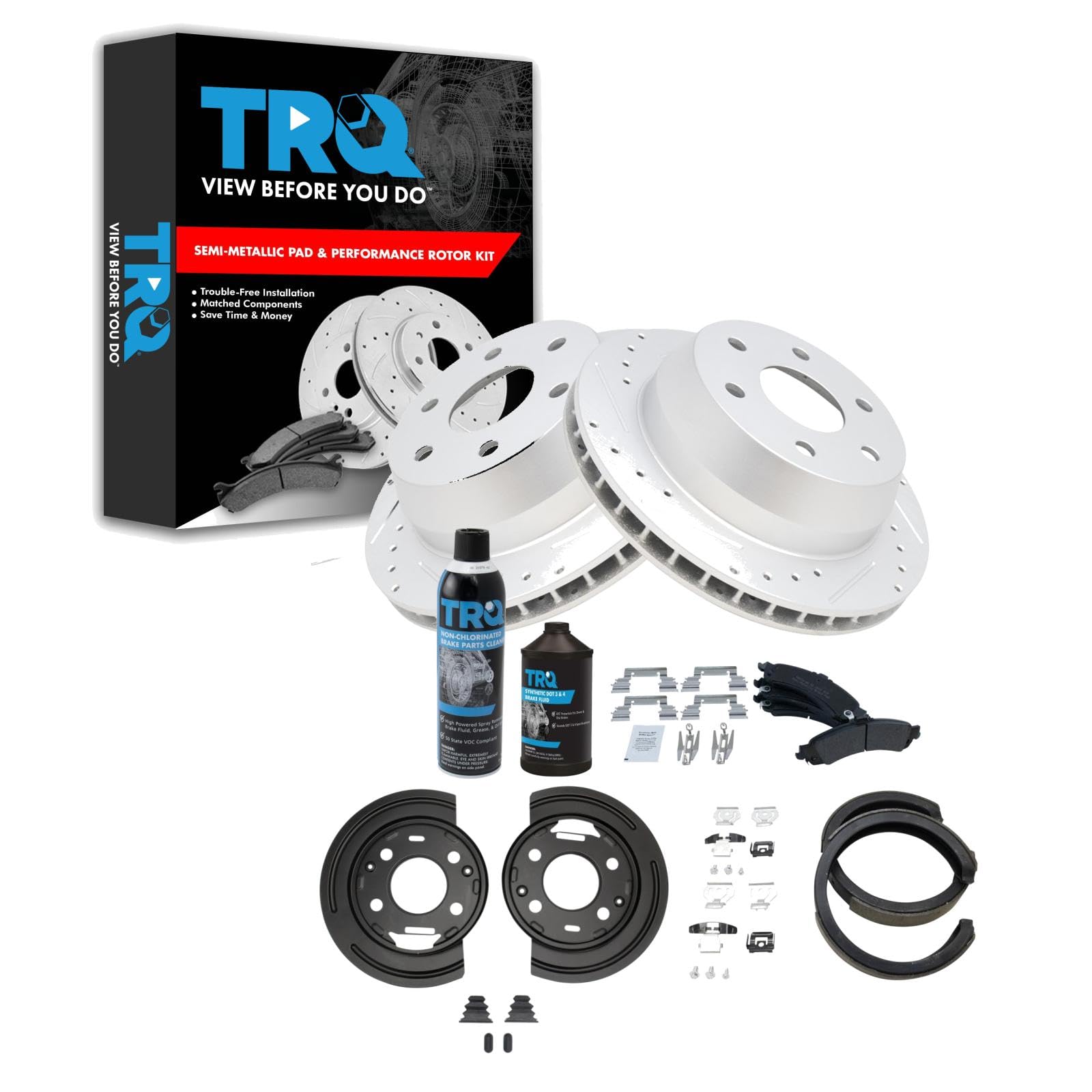 TRQ Rear Performance Brake Pad &amp; Rotor Kit Semi-Metallic Premium G-Coated Slotted X Drilled Compatible with Cadillac Chevrolet GMC