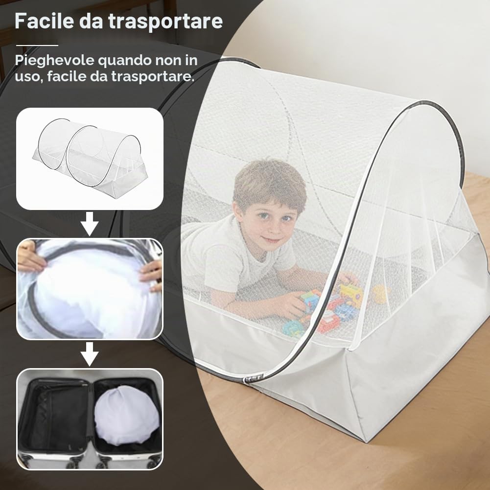 Zanzariera Pop Up 200 x 100 x 73 cm, zanzariera da viaggio e tenda da letto per bambini e campeggio, zanzariera pieghevole letto da viaggio con cerniera, facile da trasportare