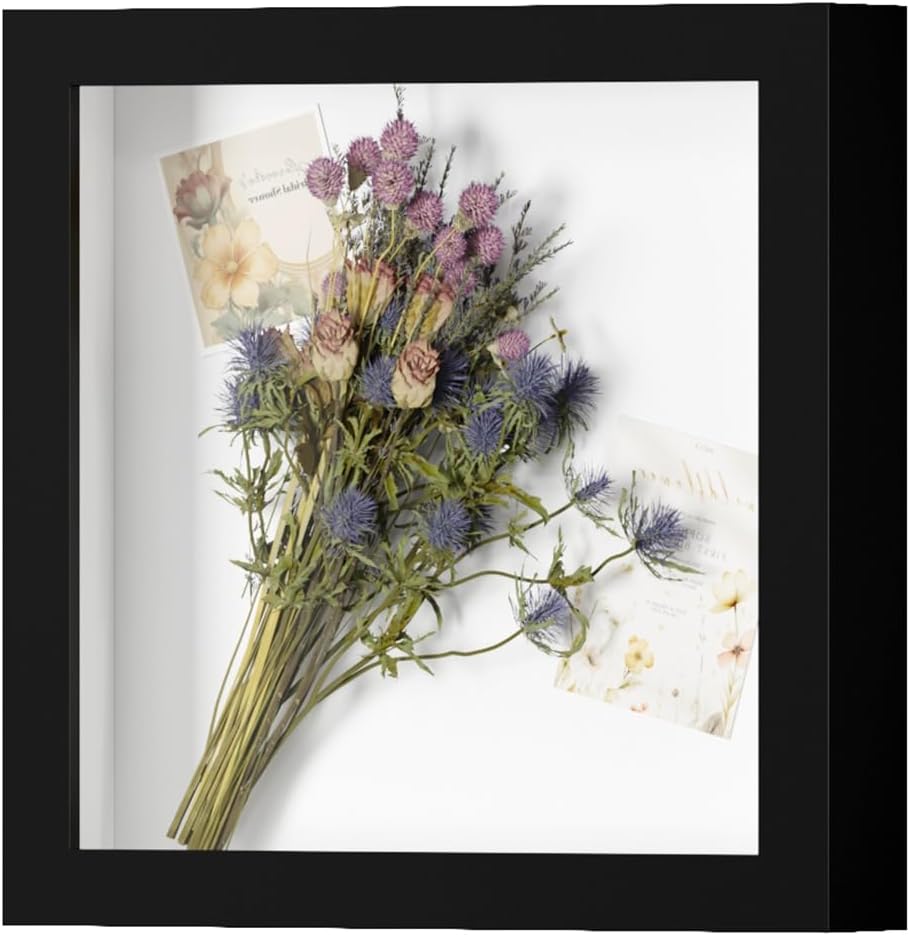 8x8 shadow box frame display case with real glass, 3d picture frame for memorabilia, crafts, photos,wedding (black) black 8x8