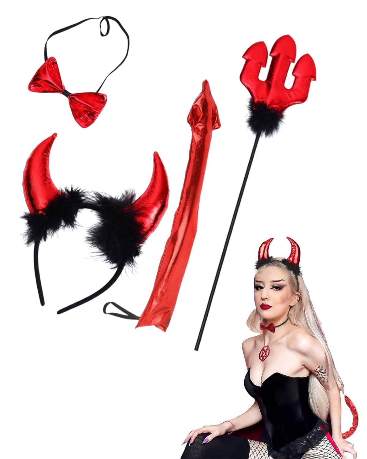 BNREOZA 3 Stück Damen rote Teufelshörner Set, Verkleiden Sie sich als attraktive Teufelshörner für Halloween, Fasching, und Cosplay Maskenball (Rot)