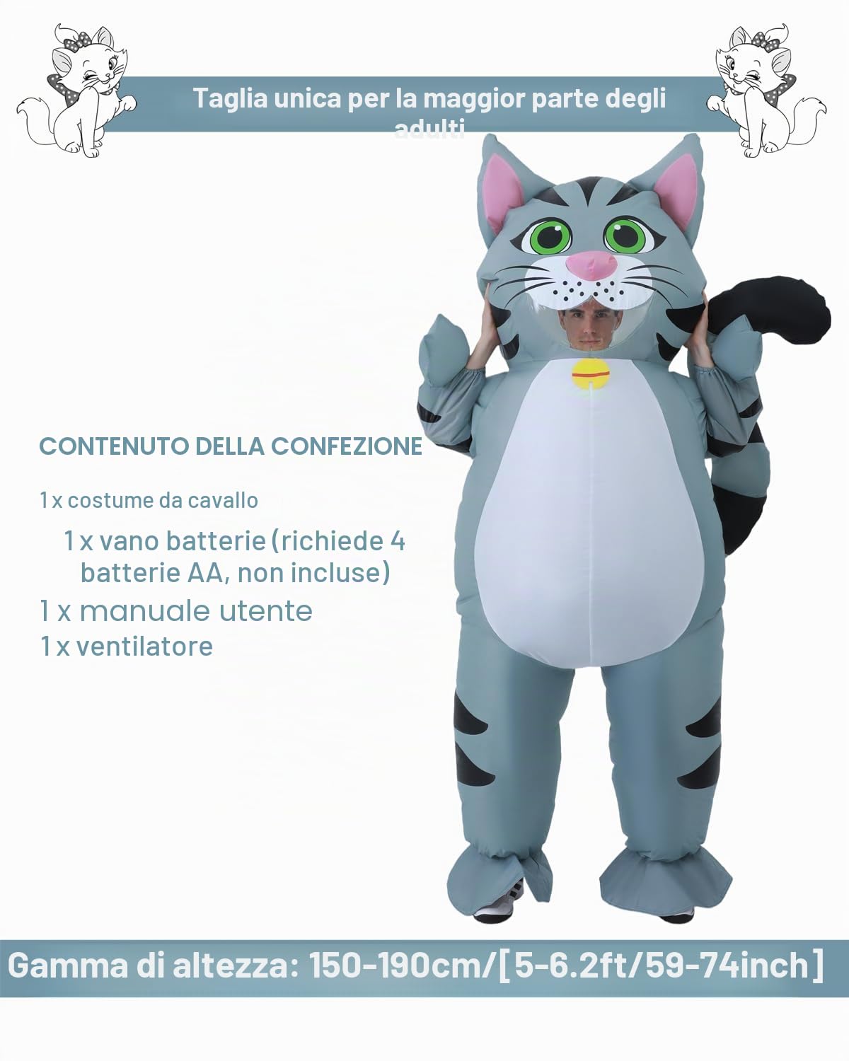 FXICH Costume gonfiabile per adulti, costume da gatto, costume gonfiabile per uomo e donna, completo di gatto, costume da gatto, costume da gatto, fantasia divertente, 150-190 cm