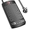 Surge Protector Power Strip - Nuetsa Flat Plug Extension Cord with 8 Outlets and 4 USB Ports, 6 Feet Power Cord (1625W/13A), 2700 Joules, ETL Listed, Black