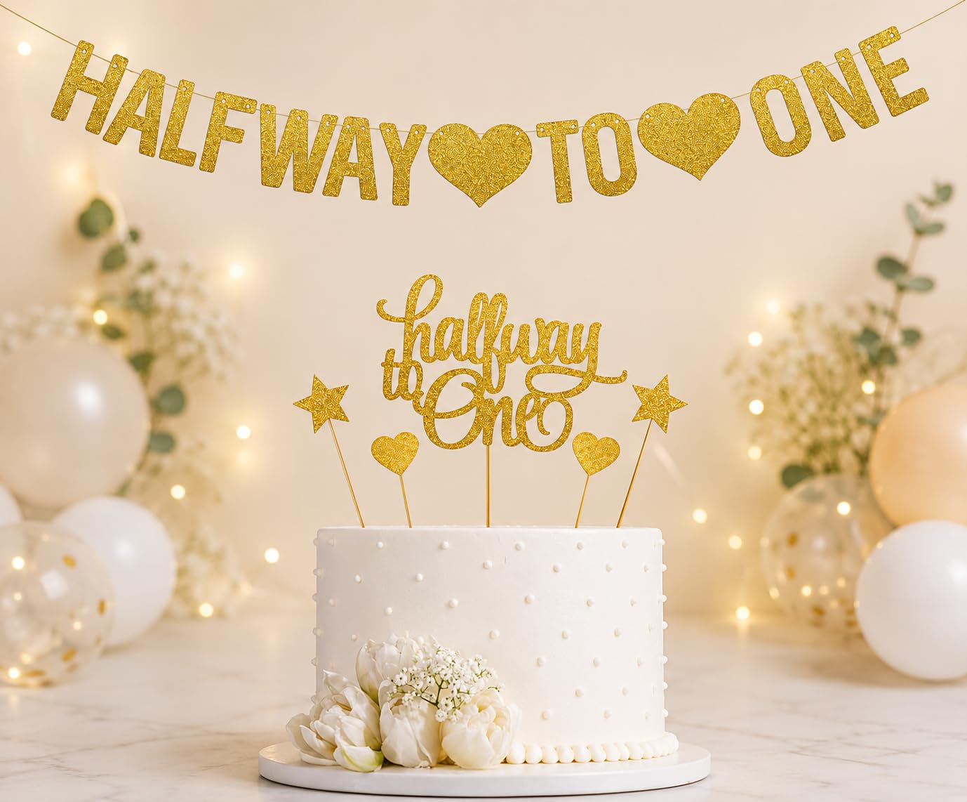 Gold Glitter 1/2 Way To One Cake Topper & Banner-Happy 6 Months Cake Topper-Half A Year Party Decors-Six Months Old Party Decorations-Happy 1/2 Birthday Photo Props-Six Month Banner-image-33