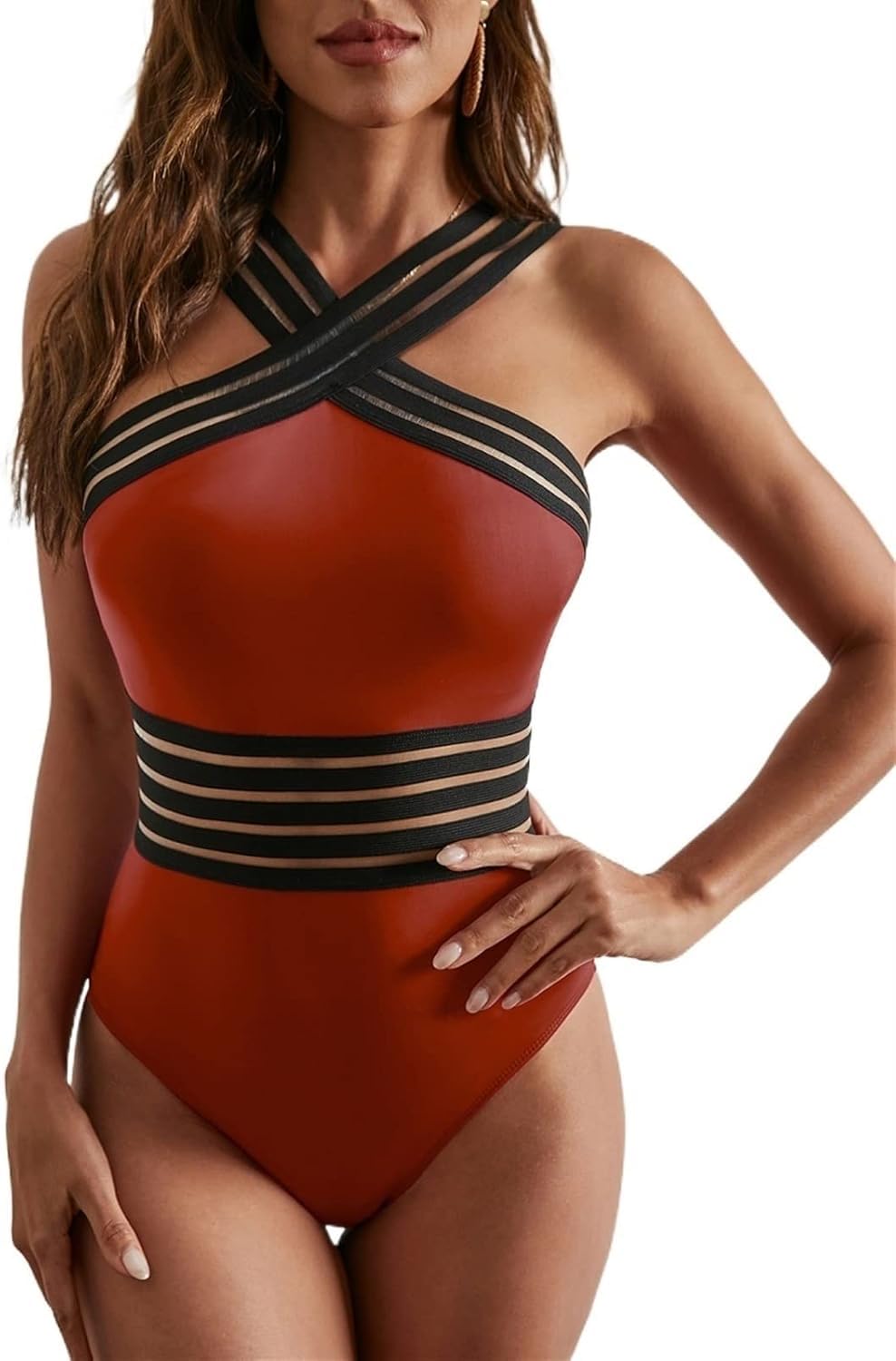 Damskie Plus Size Jednoczęściowe Stroje Kąpielowe Kontrola Brzucha Kostium Kąpielowy Przedni Crossover Stroje Kąpielowe Bez Ramiączek Monokini, Red, M
