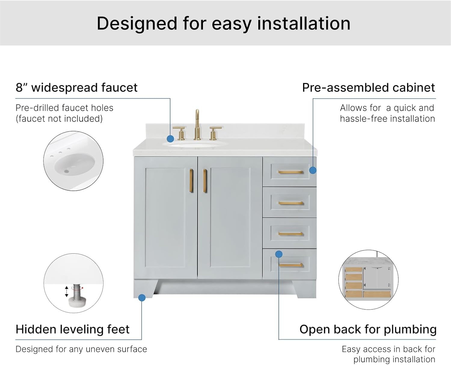 ARIEL Taylor 42-inch Bathroom Vanity with Sink,Solid Wood, 1.5-inch Carrara White Quartz Countertop & Backsplash, Single Oval Porcelain Sink, 2 Soft Closing Doors, 5 Dovetail Drawers, Grey
