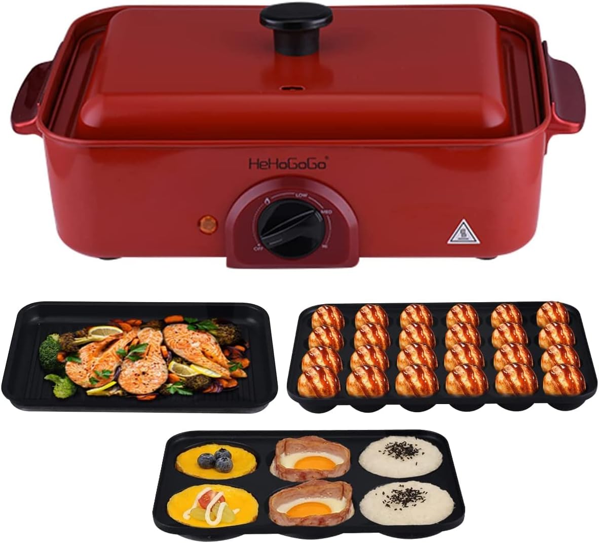 3 in 1 Multifunctional Electric Griddle Electric Skillet Nonstick Baking Maker with 3 Interchangeable Pan Takoyaki Maker Cake Pop Maker Pancake Maker Red