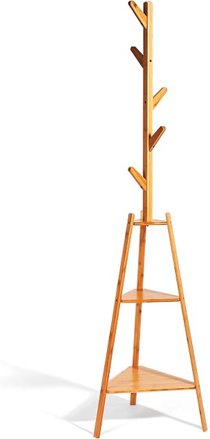 Hododou Coat Rack Stand Upgrade Version 2 in 1Bamboo Coat Tree Hall Tree with 2 Shelves Free Standing for Clothes, Hat, Bag 172cm (Natural)