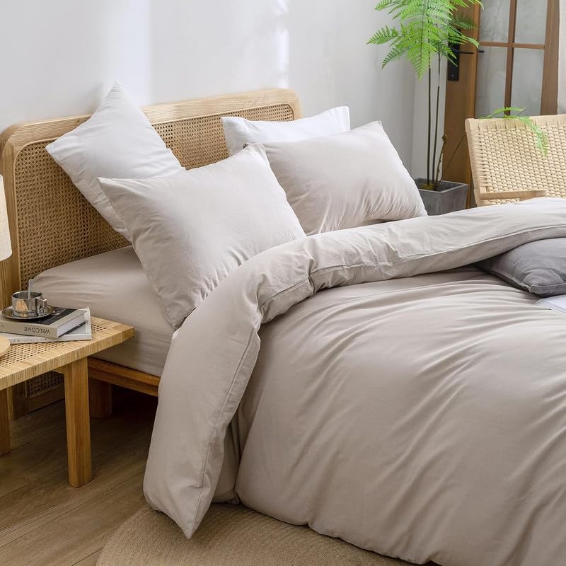 Gezu Bettbezug 240 x 260 cm, Beige, Baumwolle, Leinen, Farbe, Bettwäsche 240 x 260 cm, Öko-TEX zertifiziert, Bettwäsche für Erwachsene, atmungsaktiv, Bettbezug aus Baumwolle mit Reißverschluss und 2