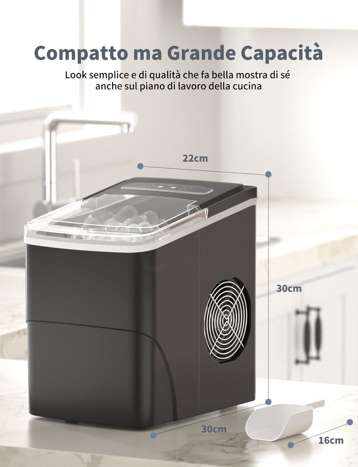 Macchina Ghiaccio 12KG/24h, 2.2L Macchina del Ghiaccio Casa Professionale, S/L Dimensioni, Pronto in 6-9 Minuti, Silenzioso, Ice Maker per Casa/Bar, Nero