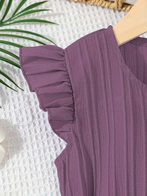 Image of Niren Enterprise Stylish Girls' Pleated Jumpsuit with Ruffle Sleeves, Button-Down Front, and Waist Belt - Comfortable Casual Outfit for Kids