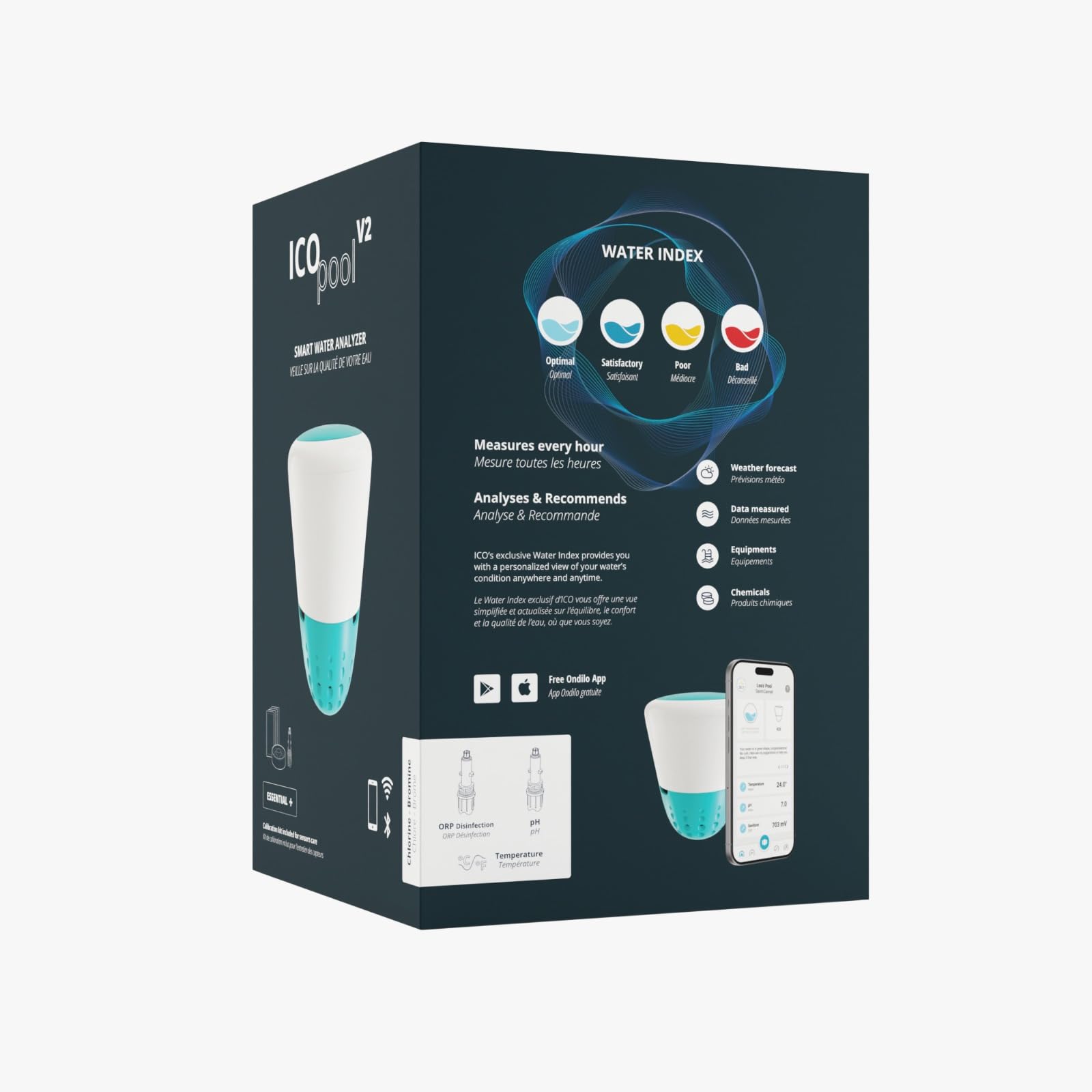 Ondilo ICO Pool V2 Essential+ Chlore Brome - Analyseur d'eau connecté pour piscines traitées au Chlore ou au Brome - Mesures toutes les heures pH, ORP, température de l'eau - Kit de calibration inclus