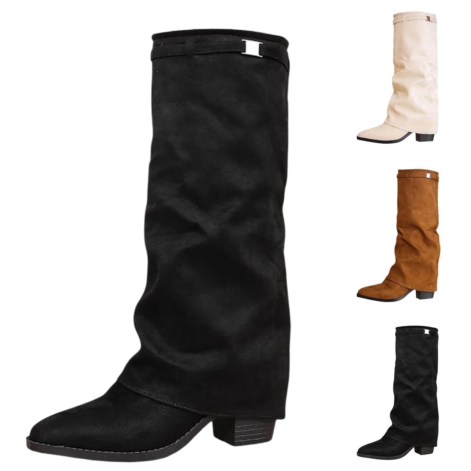Overknees Stiefel Damen Fold Over Shark Boot Einfarbig Kniehohe Stiefel mit Absatz Blockabsatz Übergangsstiefel Dressy Kniestiefel Mittelalter Schuhe Retro Damenstiefel für Herbst Winter Alltag Casual