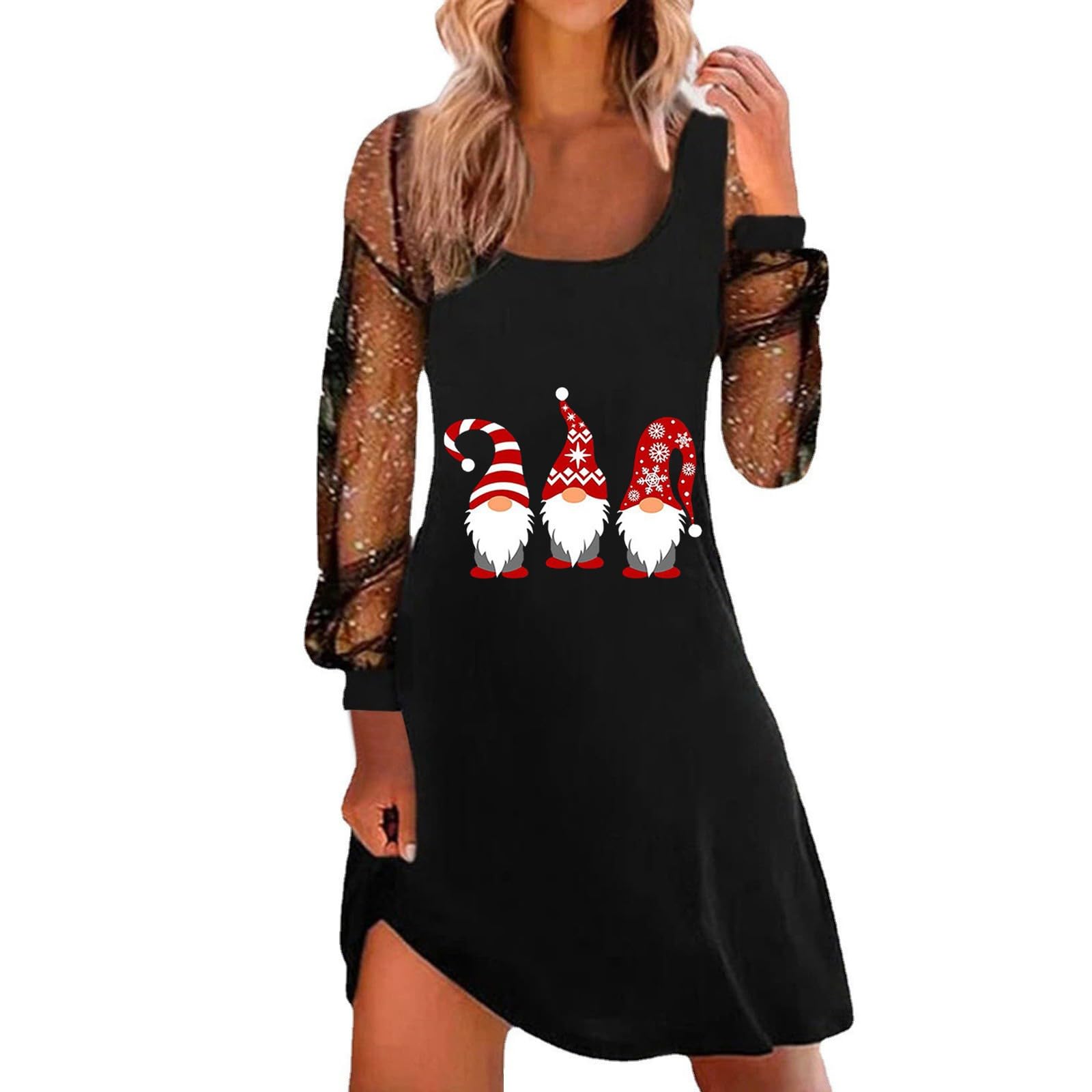 Women Christmas Dresses UK Sexy Spaghetti Strap Tank Dress with Mesh Long Sleeve Santa Xmas Dresses Plus Size Women's Soft Santa Costume for Chirstmas Party Prom